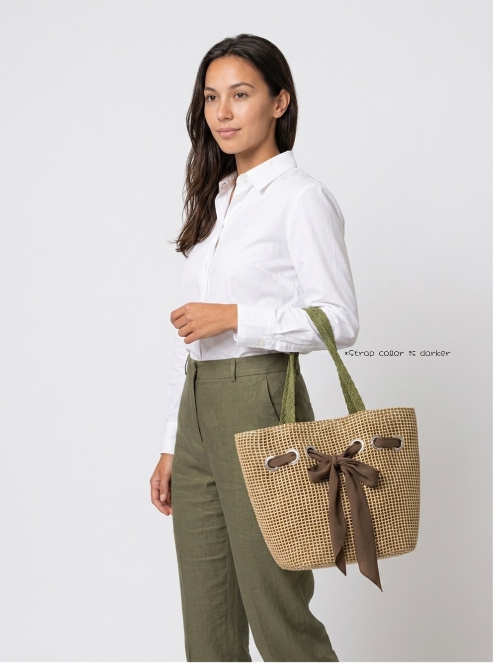 Woven Straw Tote with Olive Straps and Brown Bow / Bohemian bag / summer tote - Picture 6 of 6